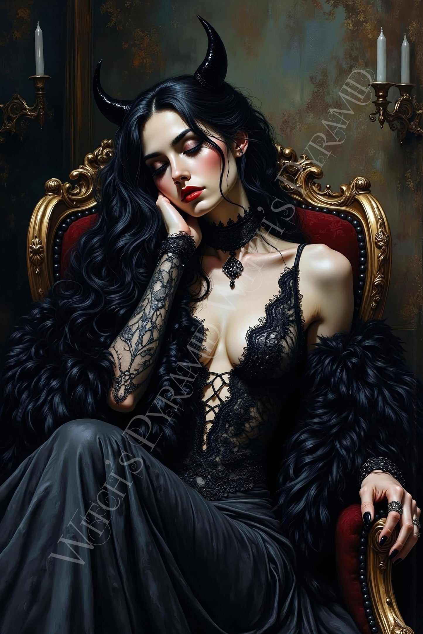 Gothic Woman with Black Horns Art Print: Alternative Art