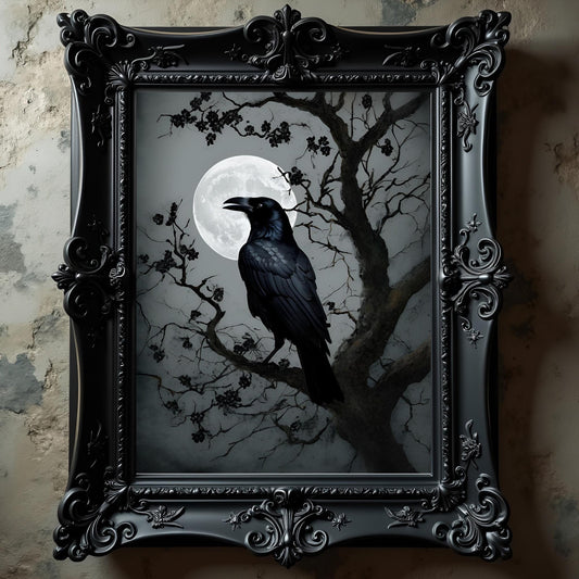 Black Crow Moon Art Print: Gothic Wall Hanging