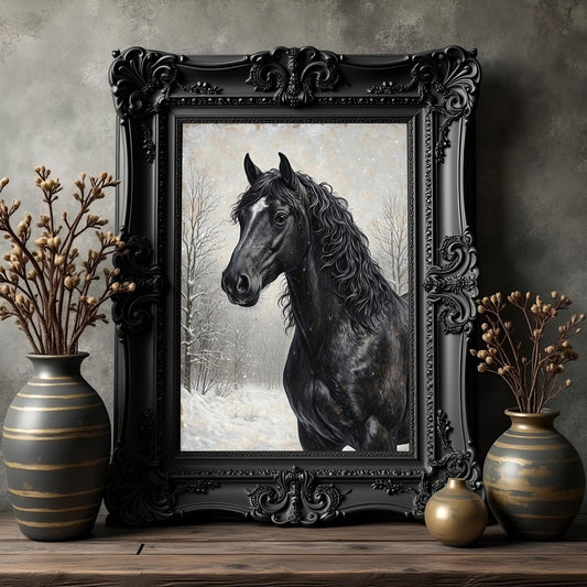 Black Horse Portrait Art Print: Winter Snow Scene