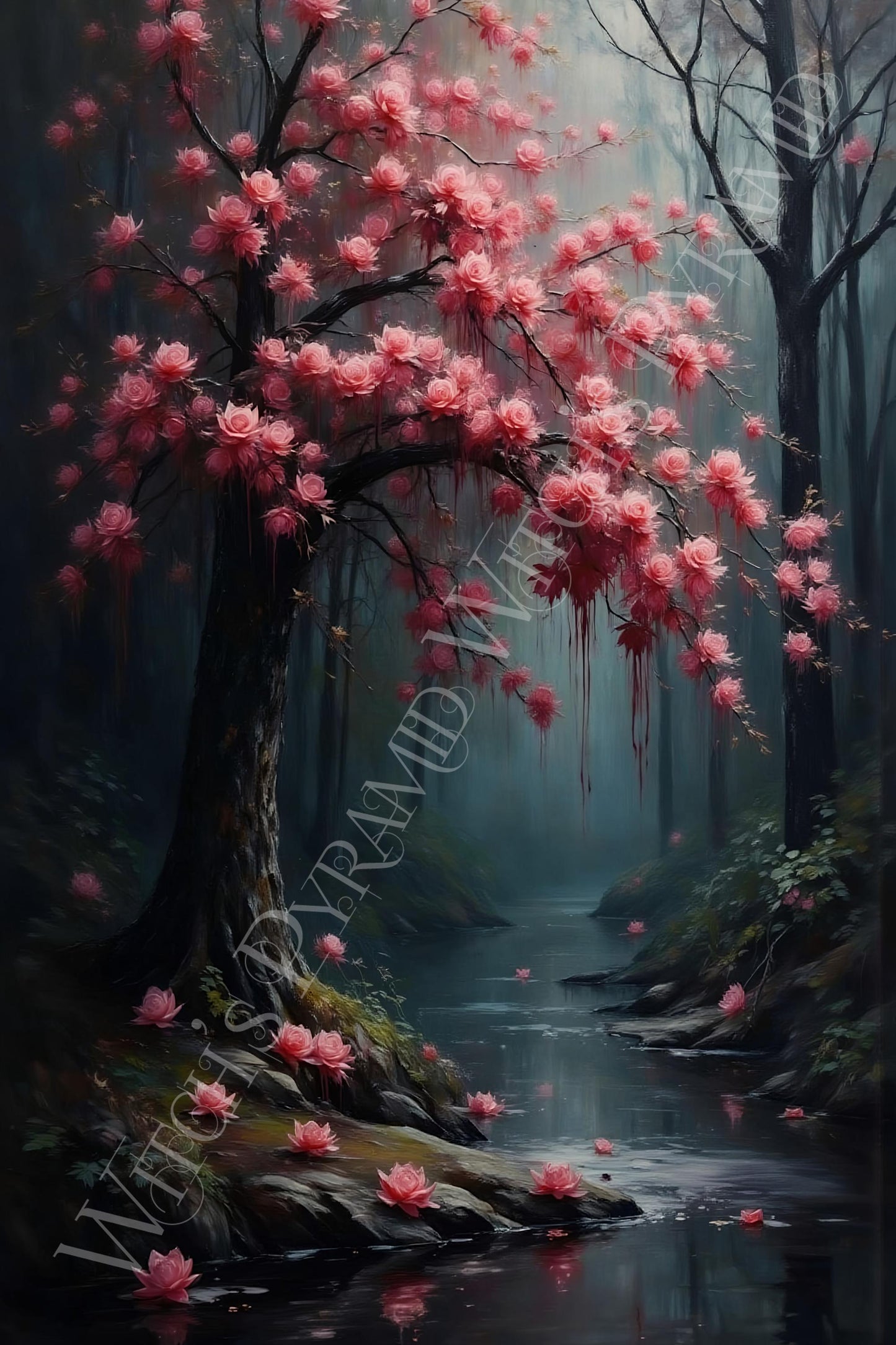 Moody Cherry Tree Art Print: Dark Romanticism Wall Hanging