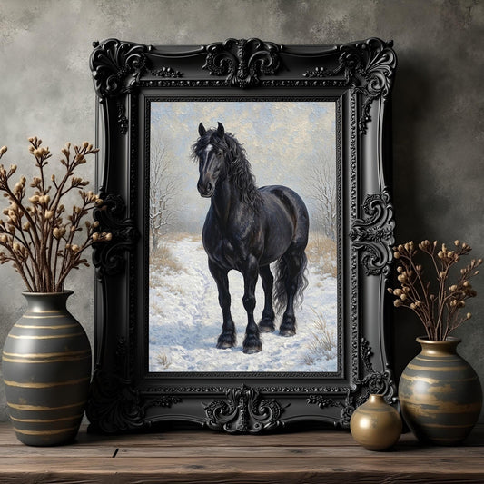 Black Horse Portrait Art Print: Winter Snow Scene For Horse Lovers