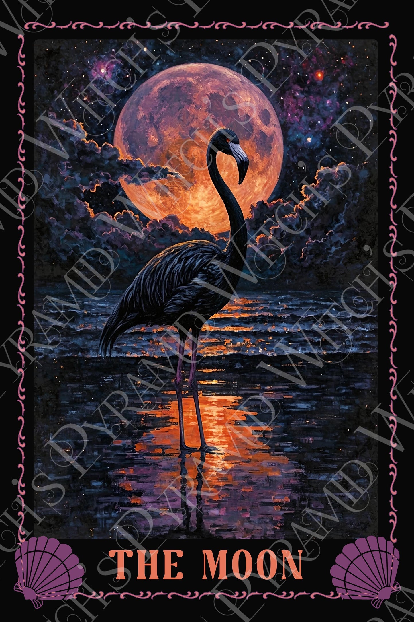 The Moon Flamingo Tarot Card Art Print: Tropical Goth Decor