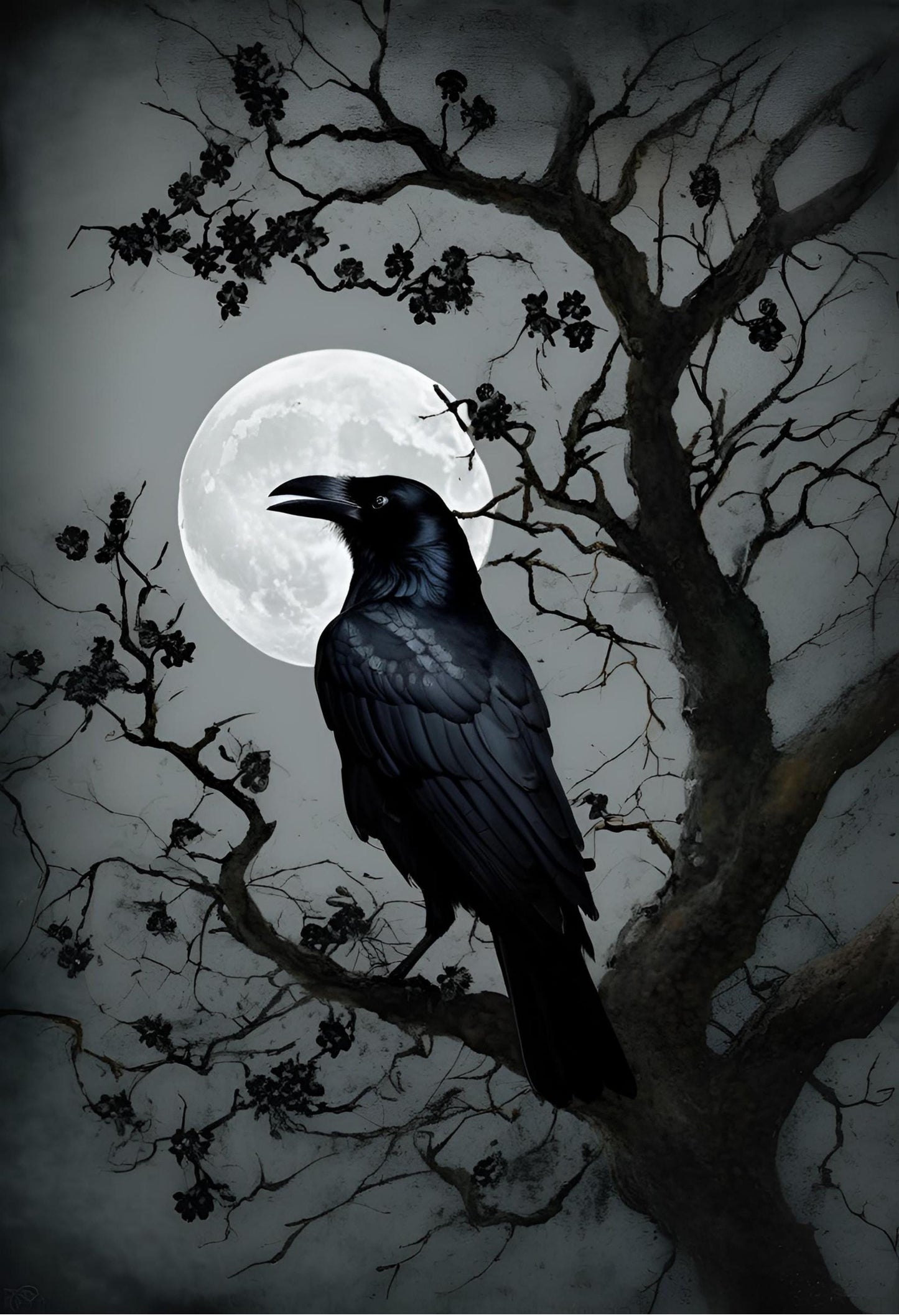Black Crow Moon Art Print: Gothic Wall Hanging