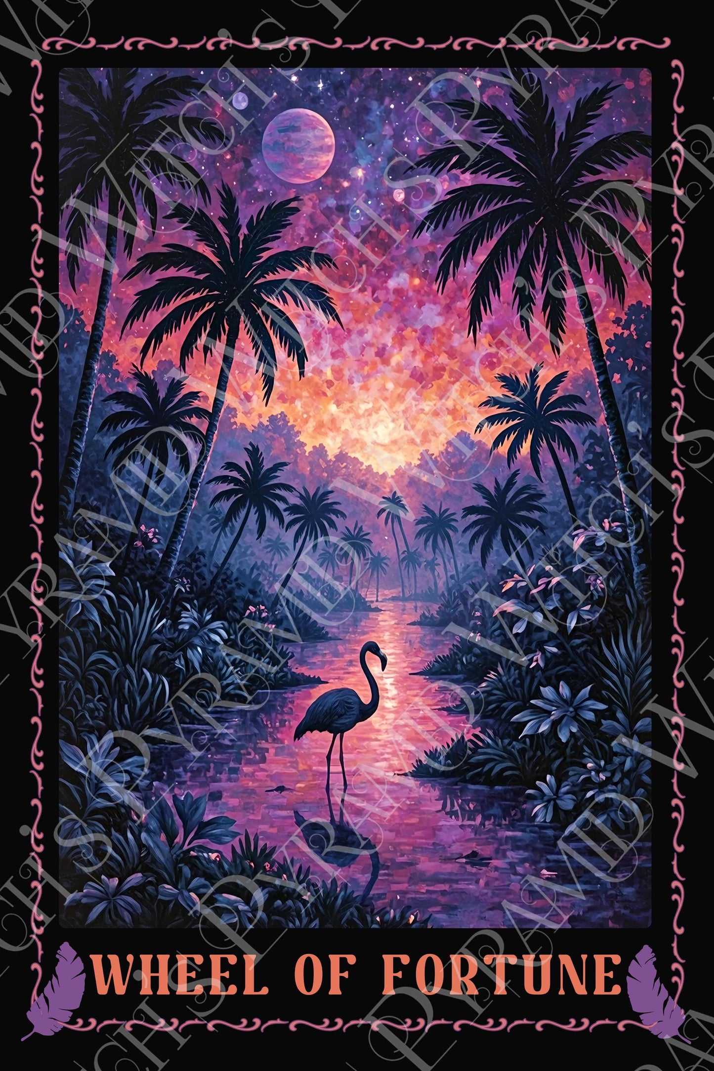 Wheel of Fortune Flamingo Tarot Card Art Print: Tropical Goth Decor