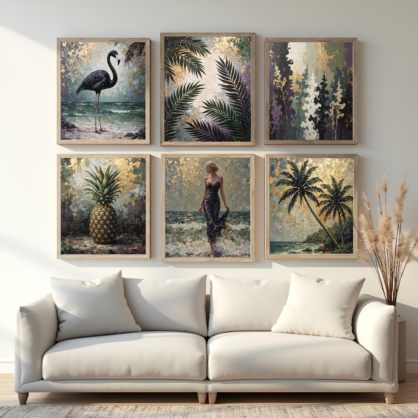 Black Flamingo Abstract Art Print: Purple, Green & Gold Tropical Decor