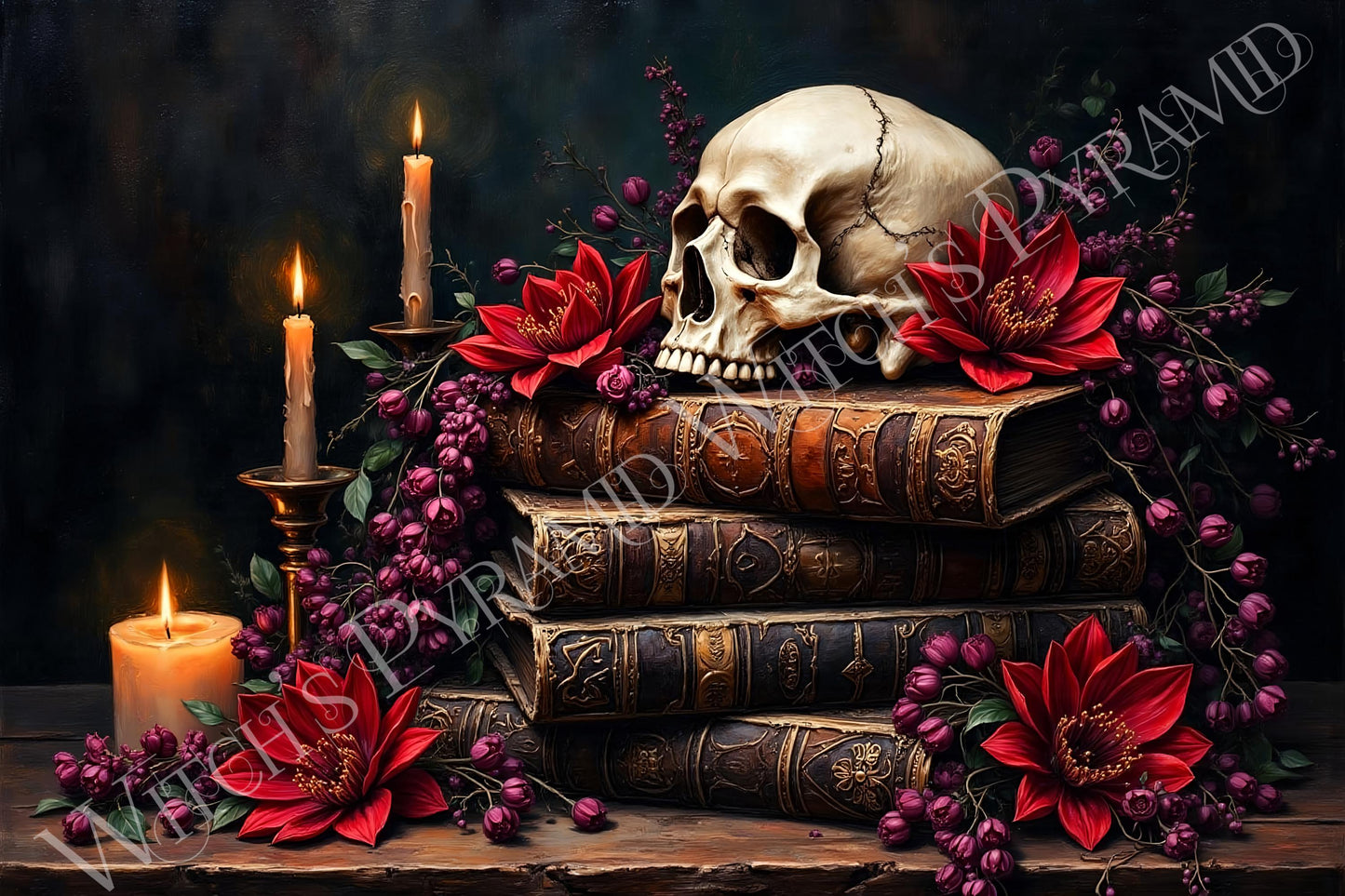 Skull on Books Art Print: Gothic Victorian Home Decor