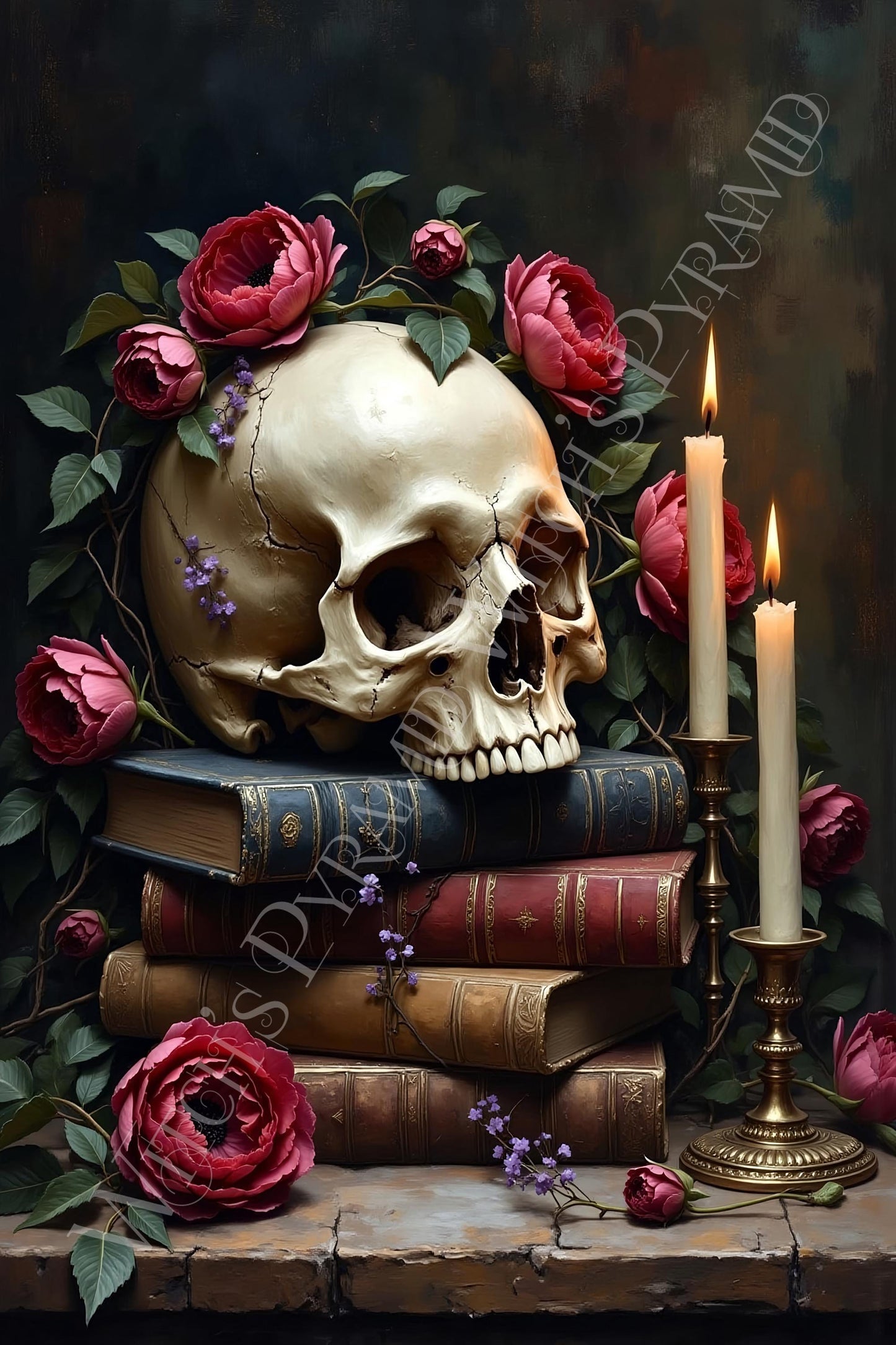 Gothic Skull & Roses Art Print: Dark Academia Home Decor