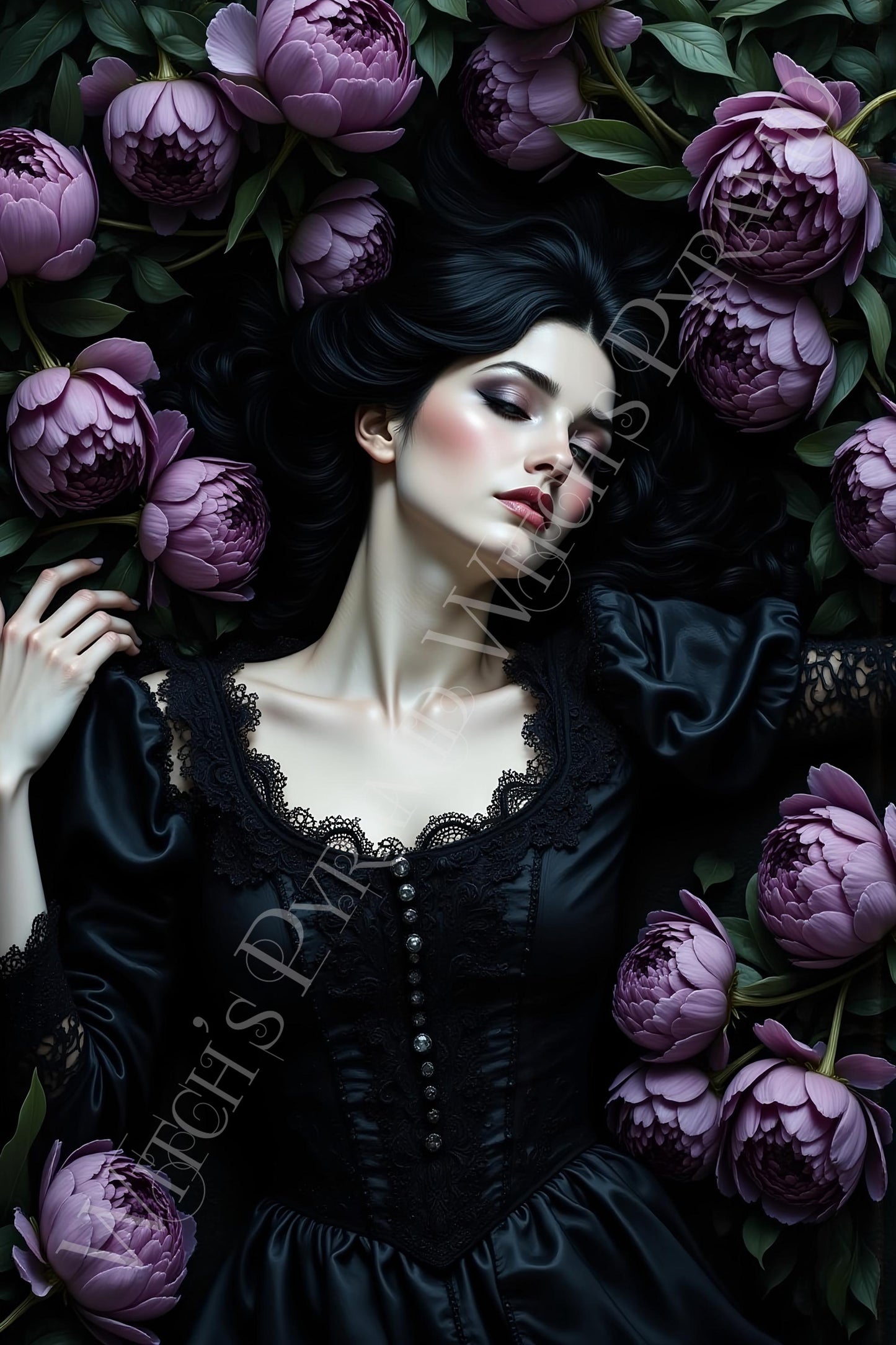 Gothic Woman in Purple Flowers: Goth Alternative Fine Art Print