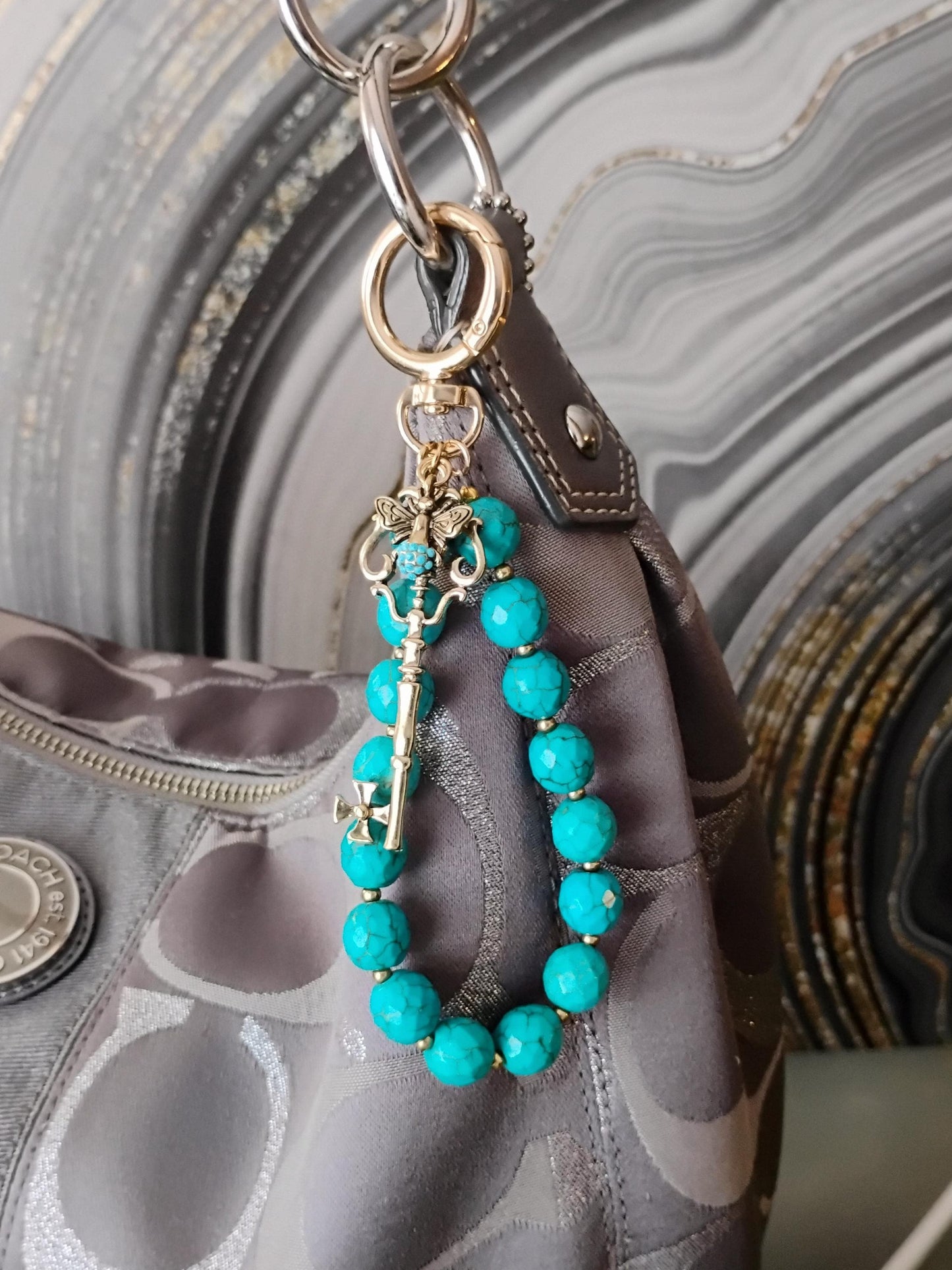 Gold Tone Bee and Key Purse Charm with Faceted Faux Turquoise Stone Beads
