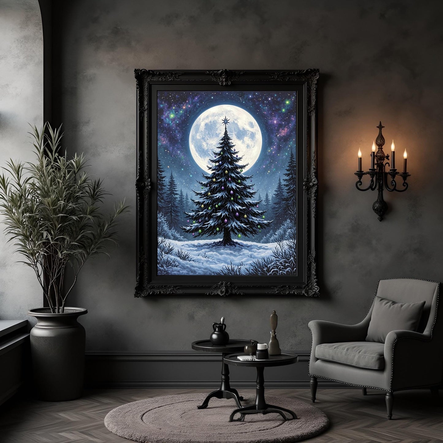 Cosmic Christmas Tree Wall Art: Gothic Purple Yule Tree Print
