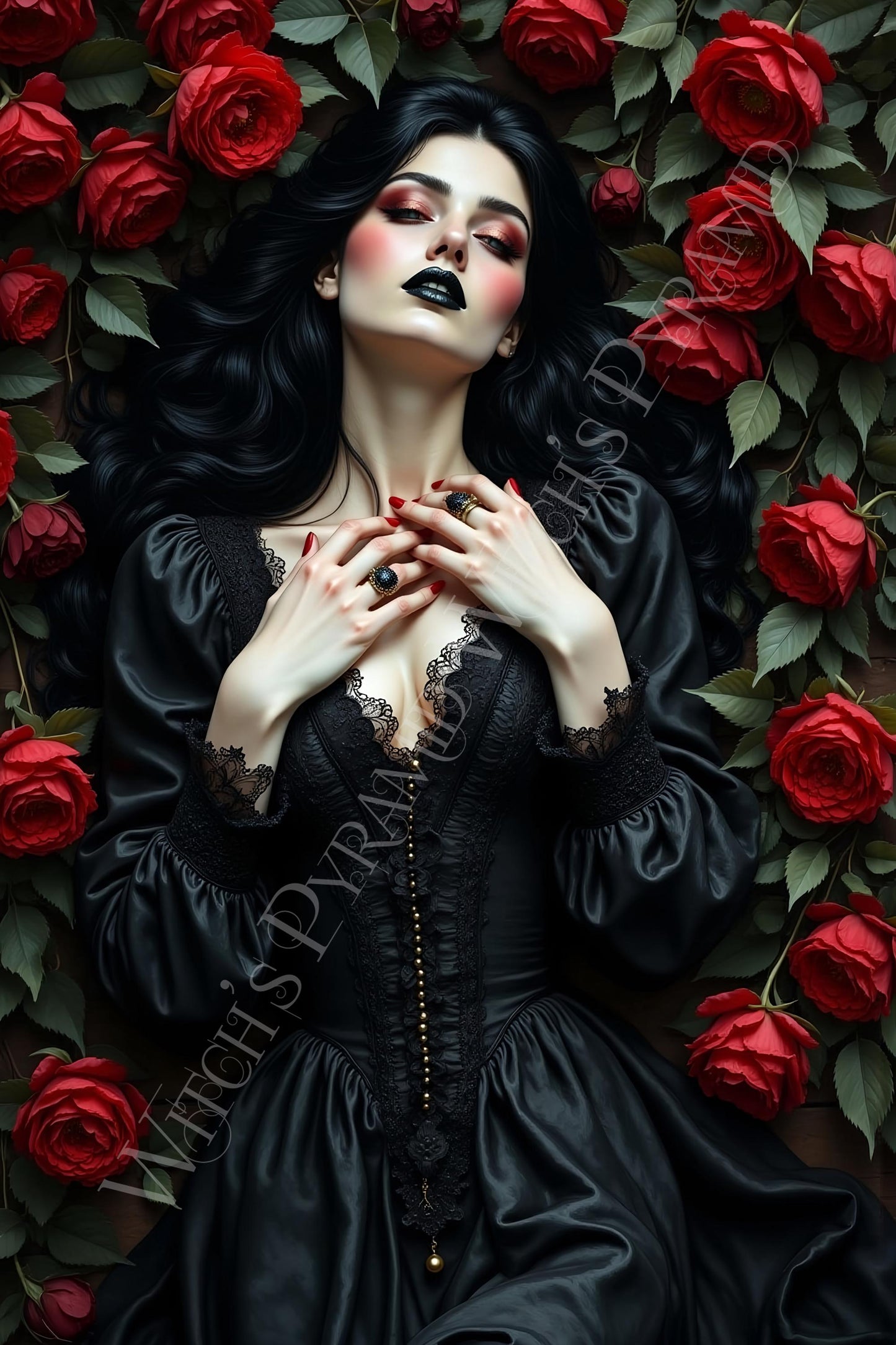 Gothic Woman in Red Roses Art Print: Goth Alternative Decor