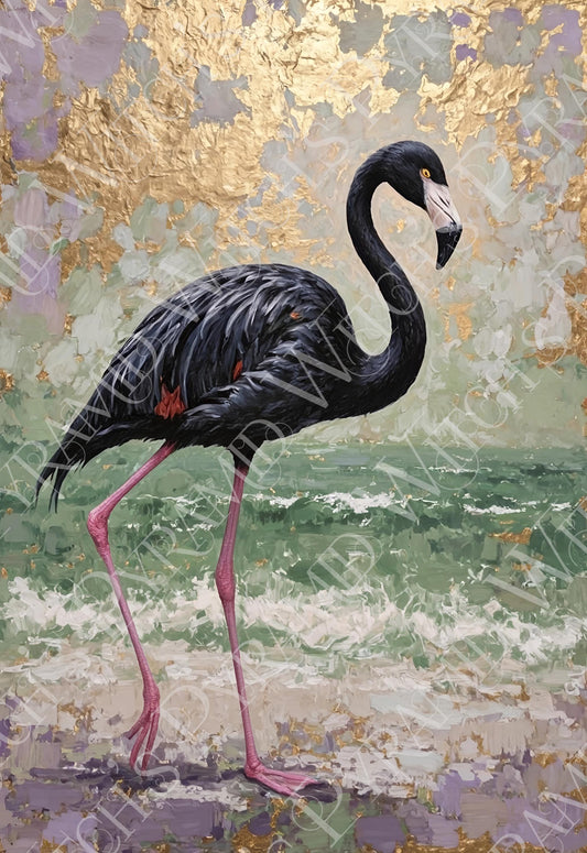 Black Flamingo Abstract Art Print: Purple, Green & Gold Tropical Decor