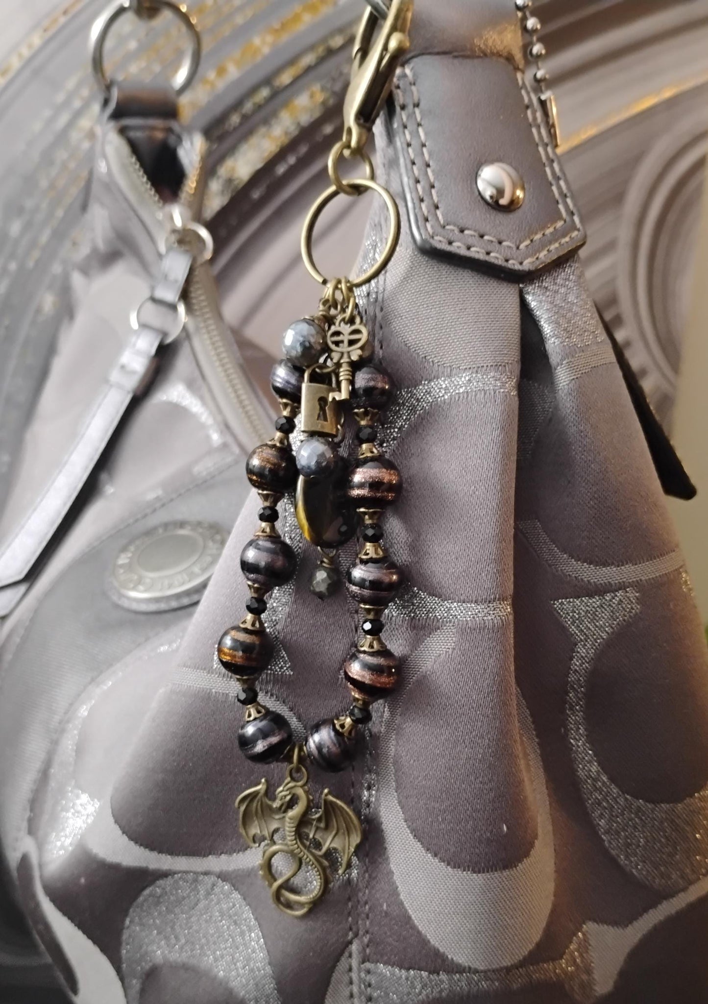 Bronze Dragon Purse Charm with Blue Tiger's Eye and Glass Beads