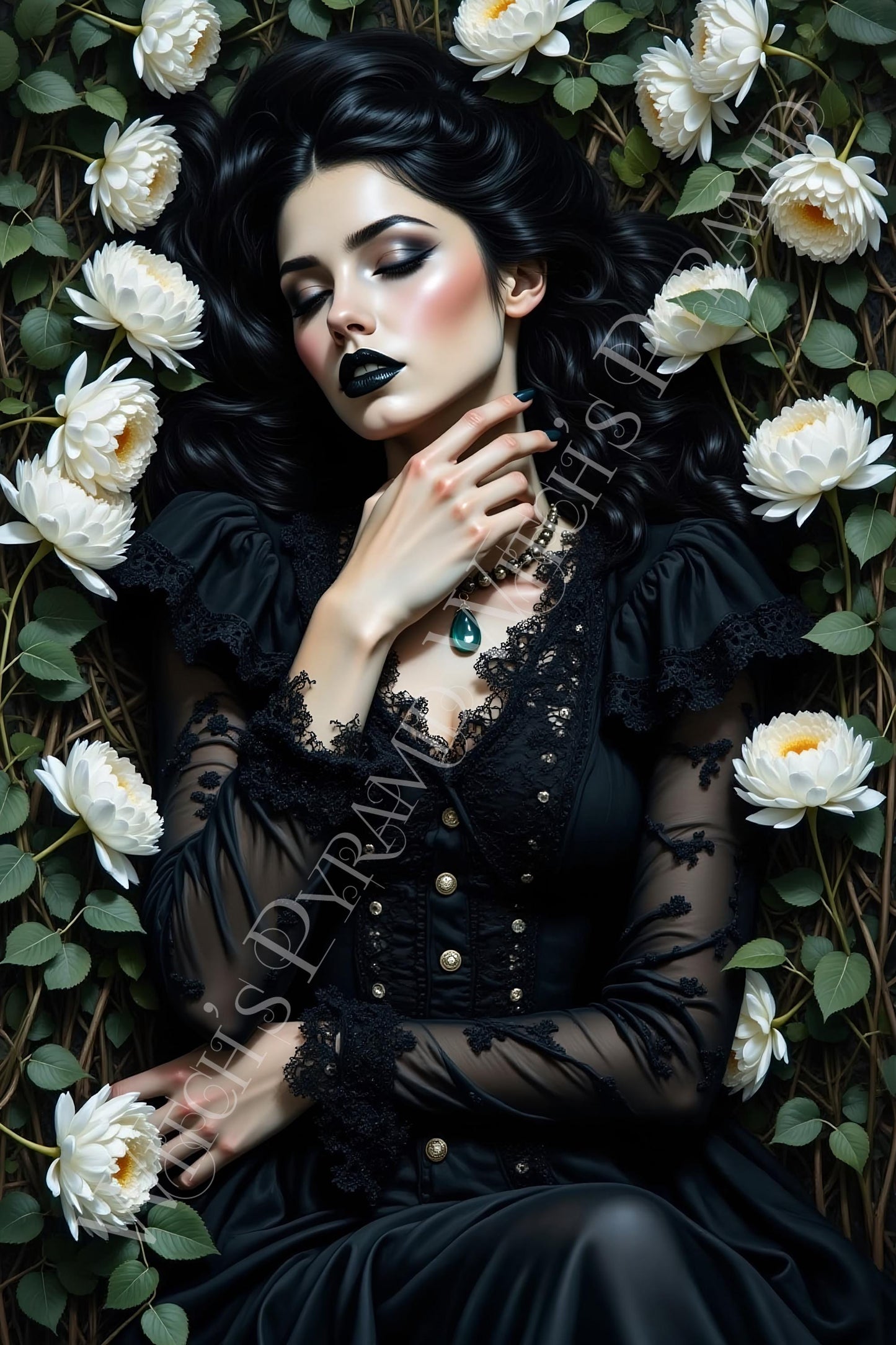 Gothic Woman in White Flowers Art Print: Alternative Goth Victorian Decor