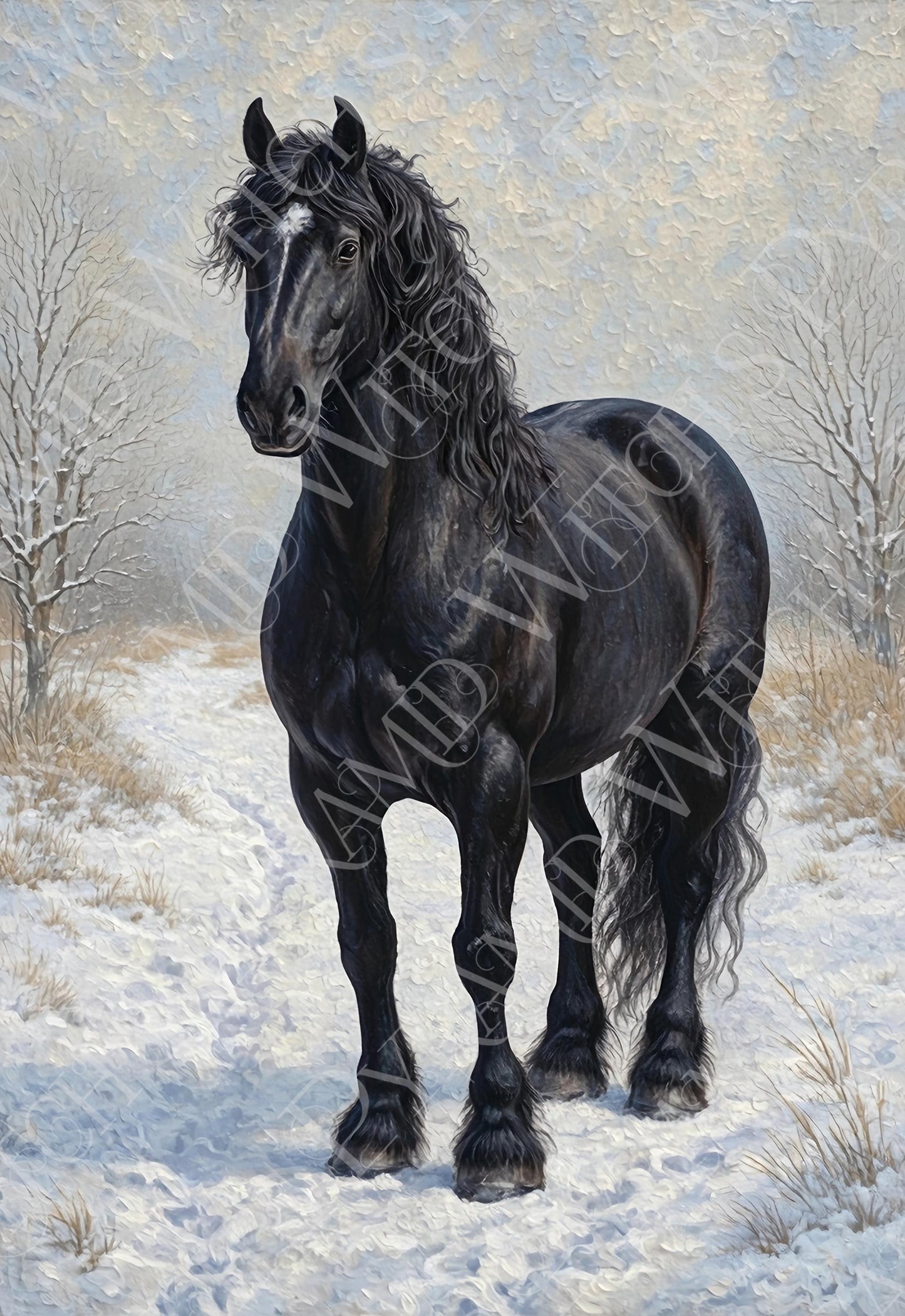 Black Horse Portrait Art Print: Winter Snow Scene For Horse Lovers
