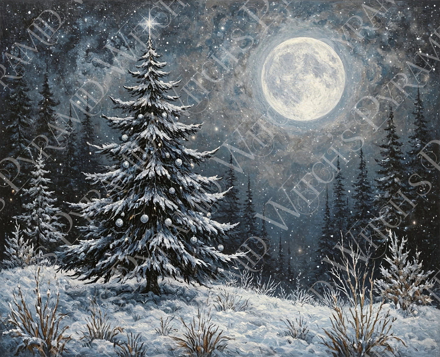 Gothic Christmas Tree Print: Yule Tree Under a Full Moon, Holiday Decor