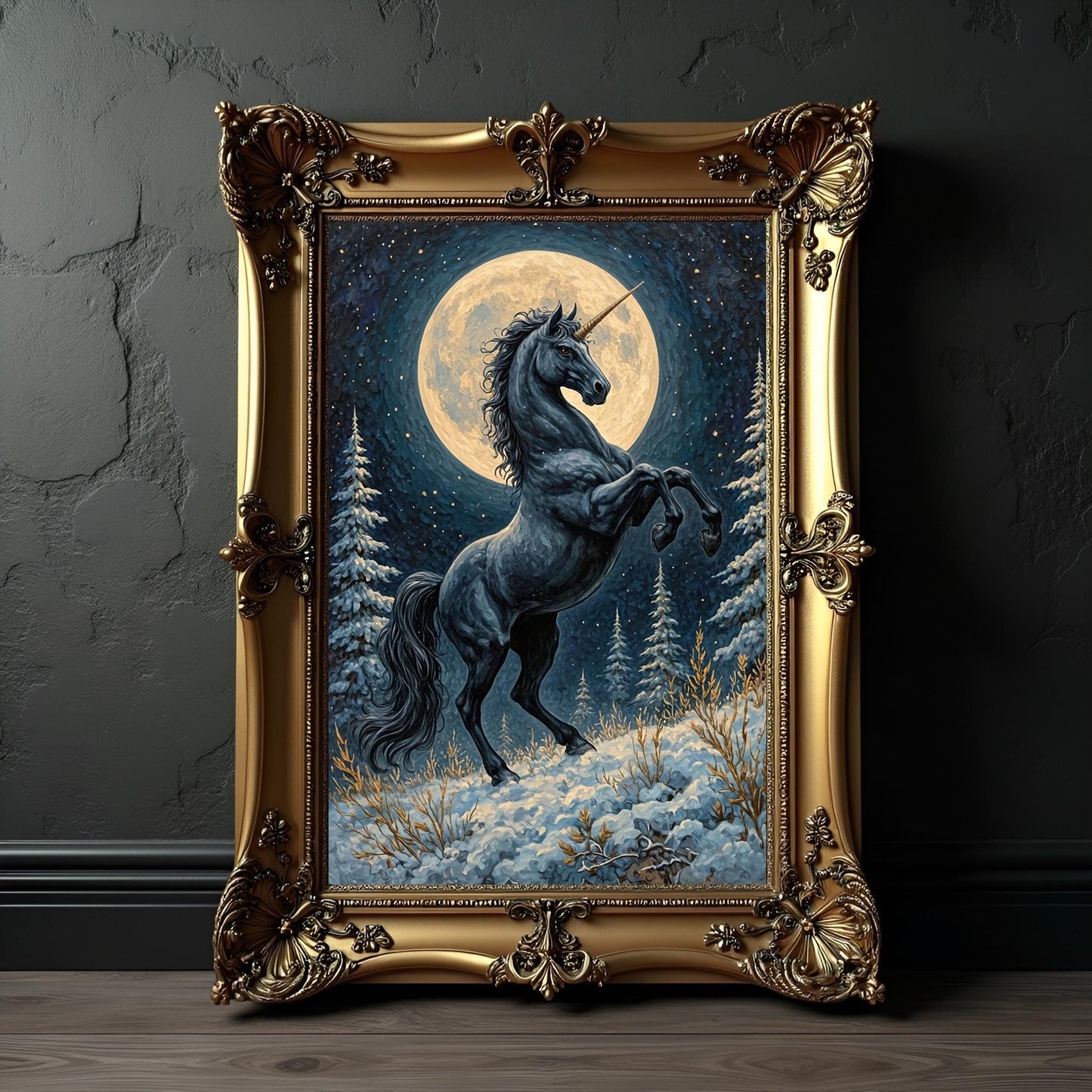 Black Unicorn on a Snowy Moonlit Mountain Art Print: Winter Decor For Unicorn Lovers