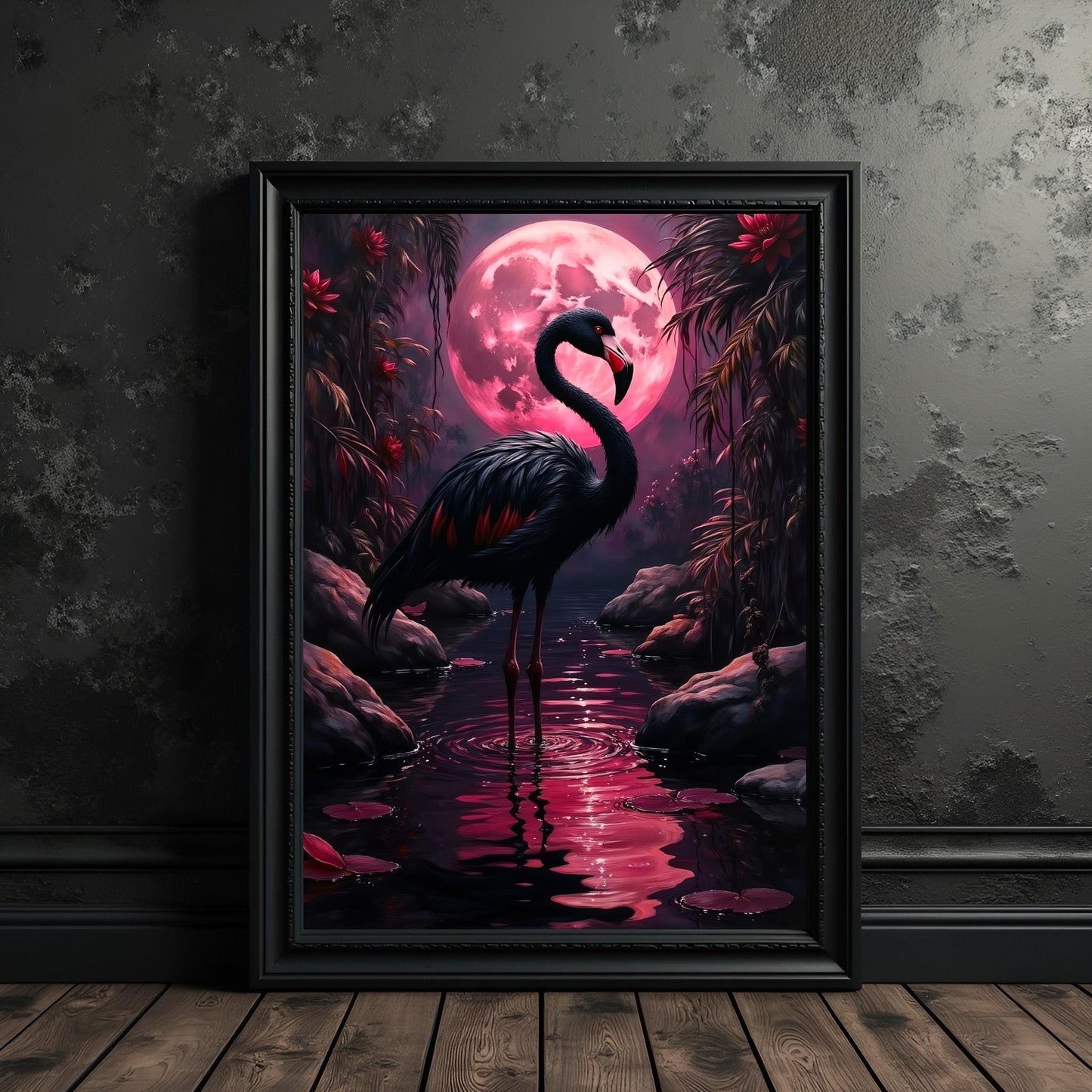 Black Flamingo Art Print: Gothic Tropical Decor