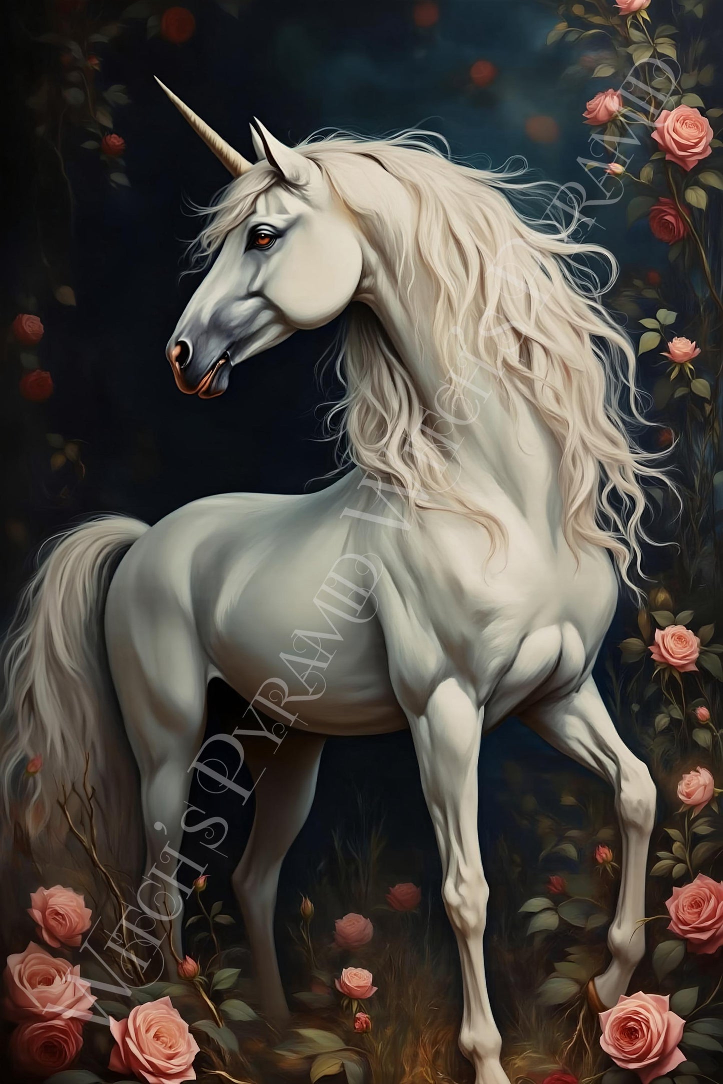 White Unicorn Floral Artwork: Fantasy Home Decor Print