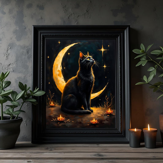 Black Cat Crescent Moon Art Print: Witchy Gothic Wall Decor