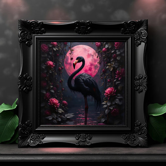 Black Flamingo Art Print: Pink Moon, Dark Tropical Decor