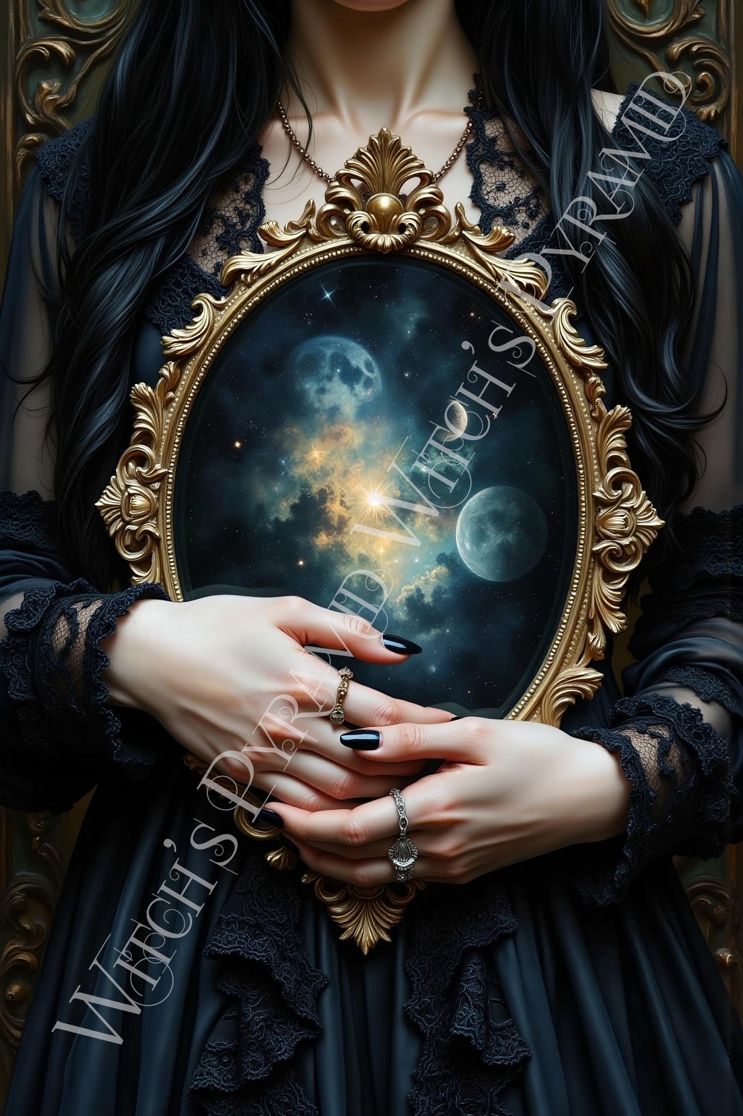 Cosmic Reflections Art Print: Dark Academia Celestial Gothic Decor
