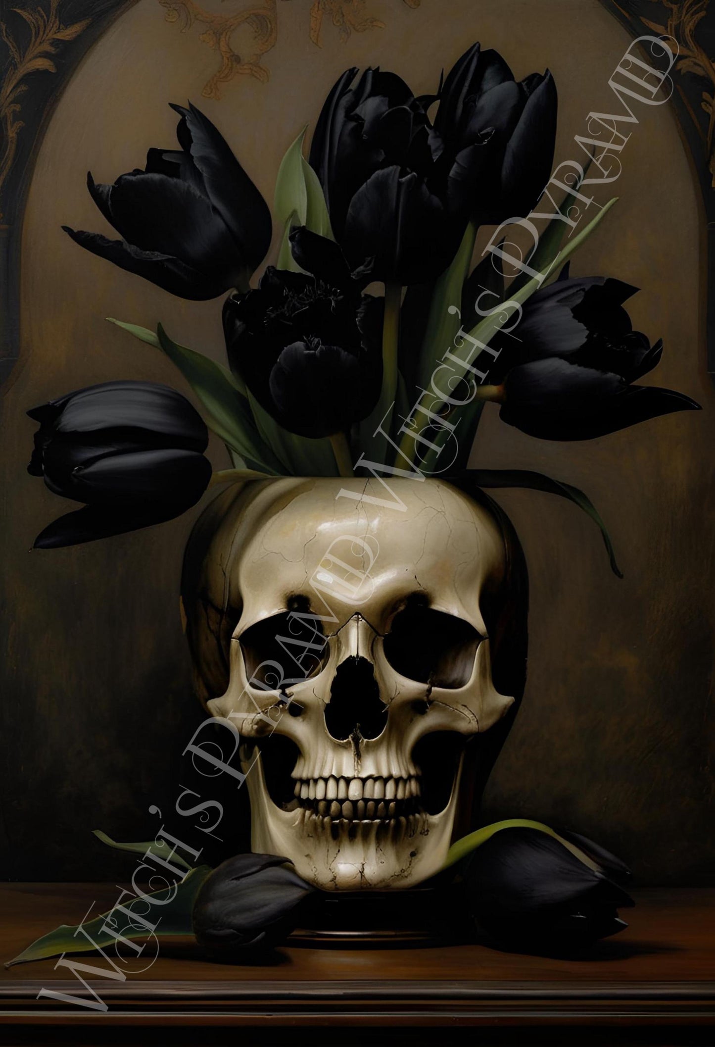 Skull Vase With Black Tulips Art Print: Dark Academia Wall Decor