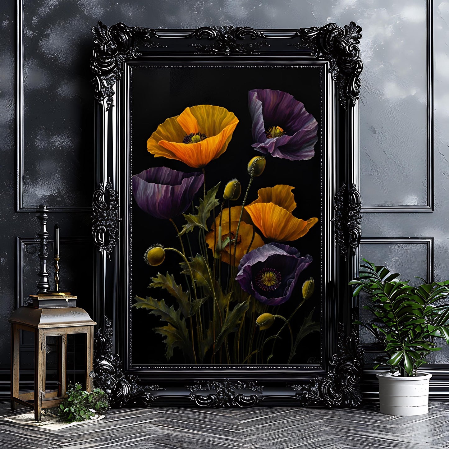 Purple & Yellow Poppy Floral Art Print: Dark Botanical Wall Hanging