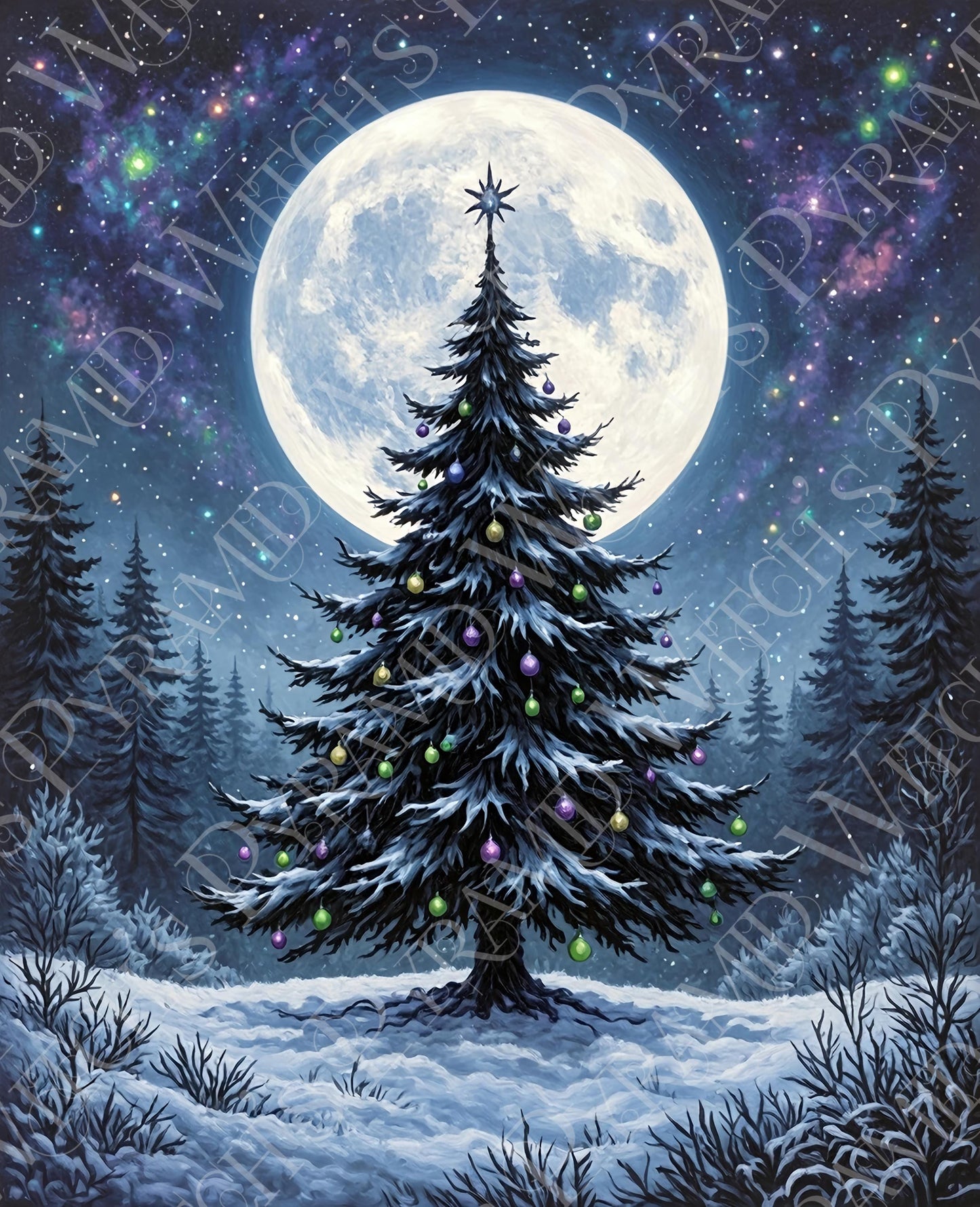 Cosmic Christmas Tree Wall Art: Gothic Purple Yule Tree Print