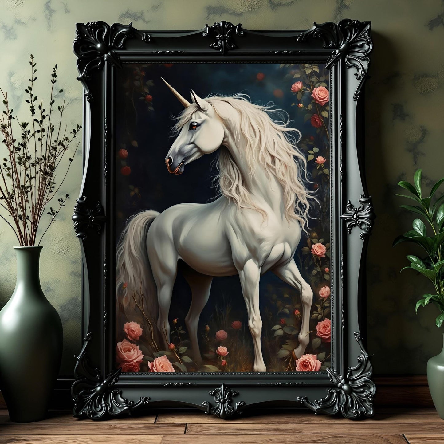 White Unicorn Floral Artwork: Fantasy Home Decor Print
