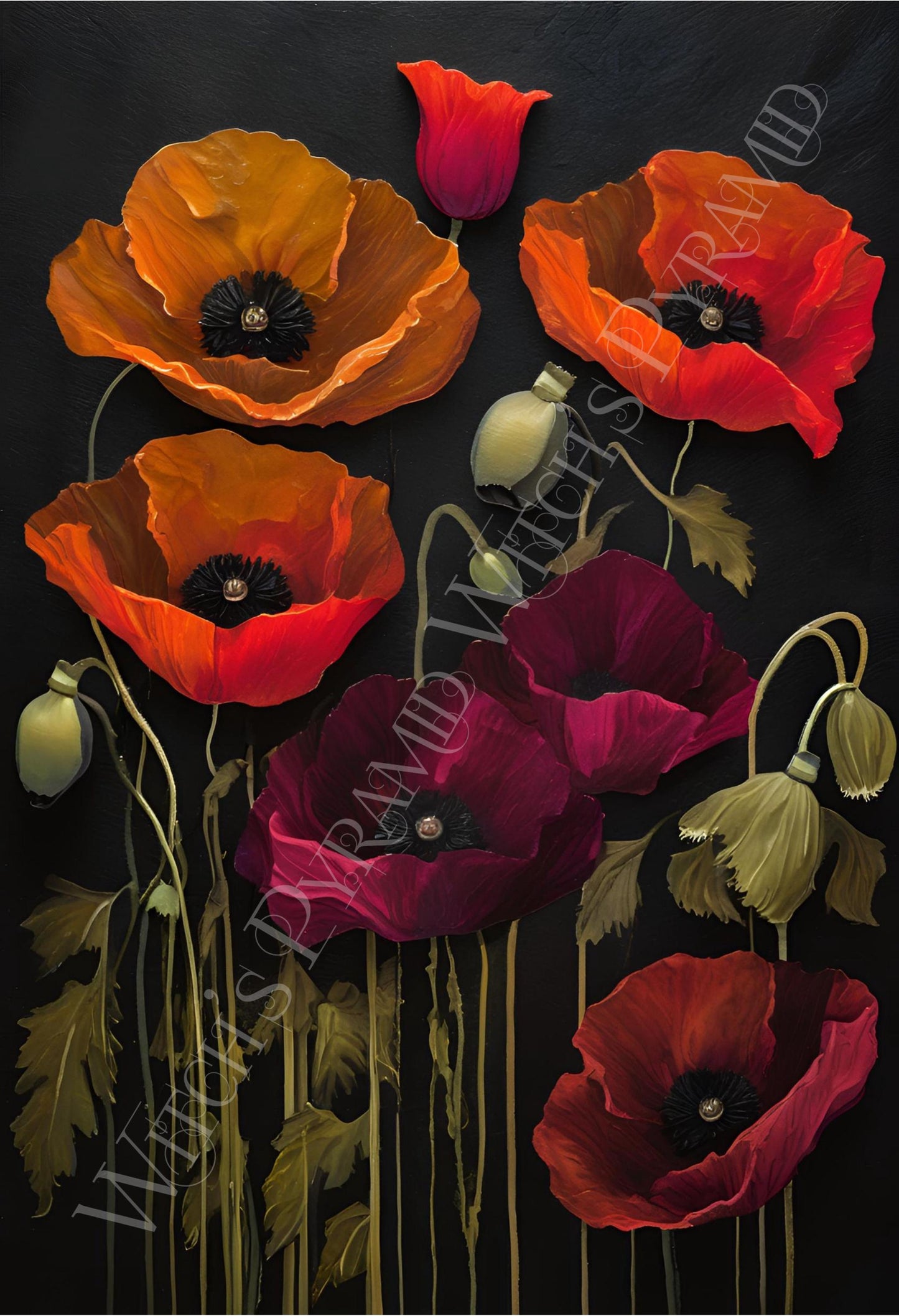 Poppy Flowers Art Print: Dark Botanical Wall Hanging