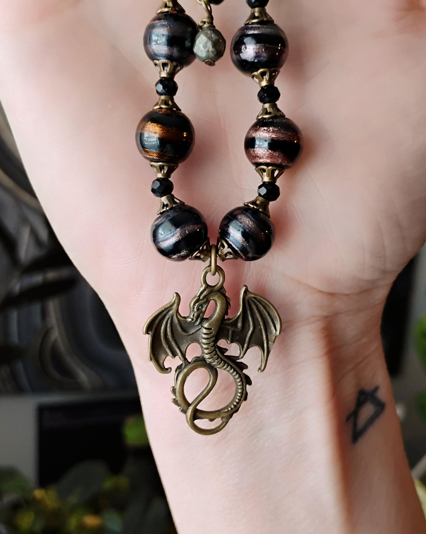 Bronze Dragon Purse Charm with Blue Tiger's Eye and Glass Beads