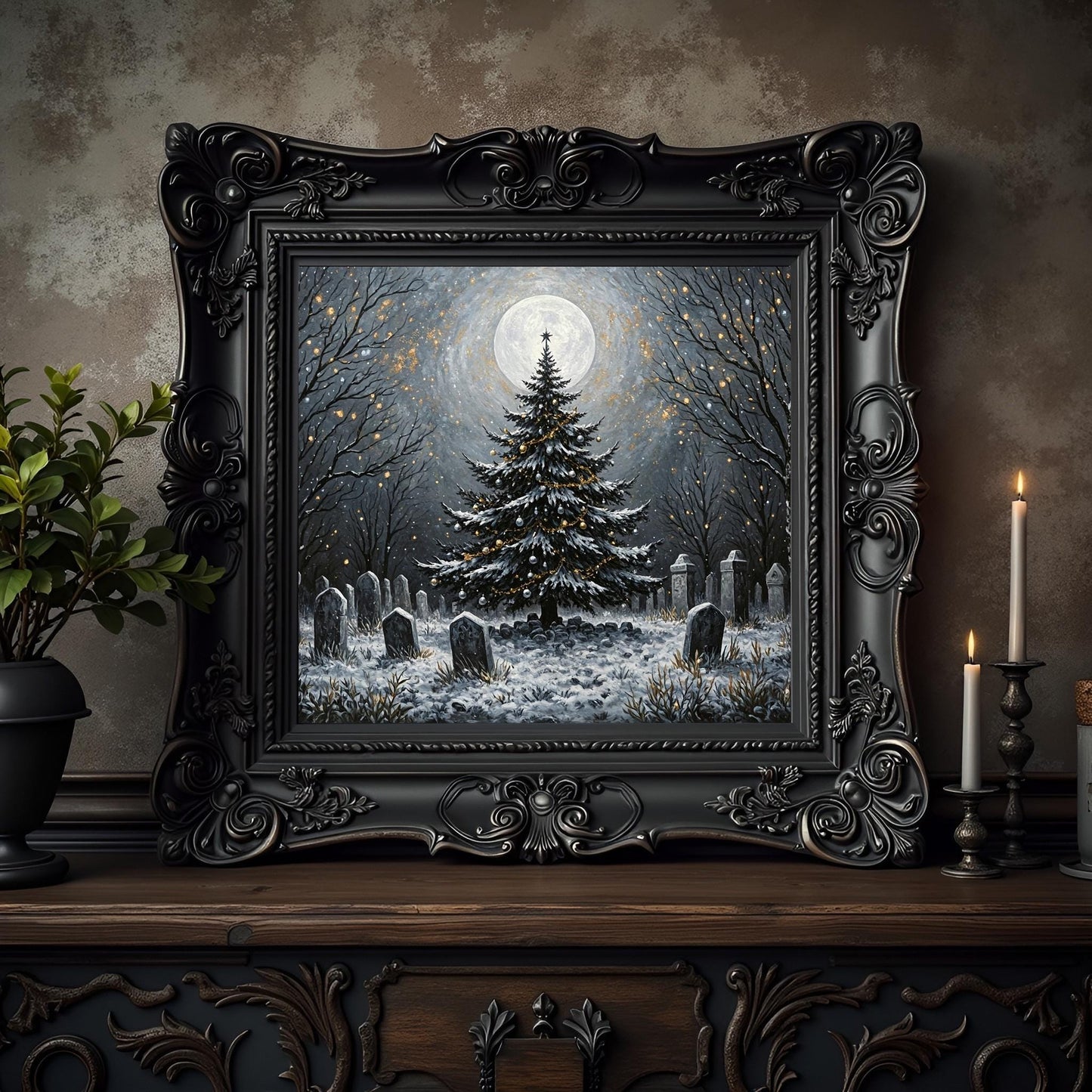 Gothic Graveyard Christmas Tree Print: Dark Yule, Holiday Decor