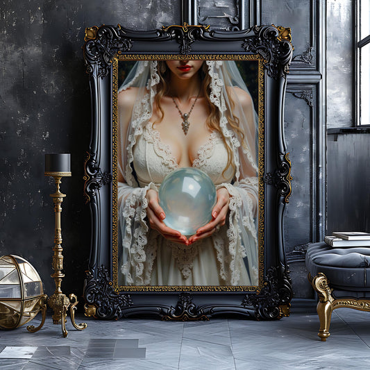 Victorian Bride With a Crystal Ball Art Print: Victorian Gothic Decor