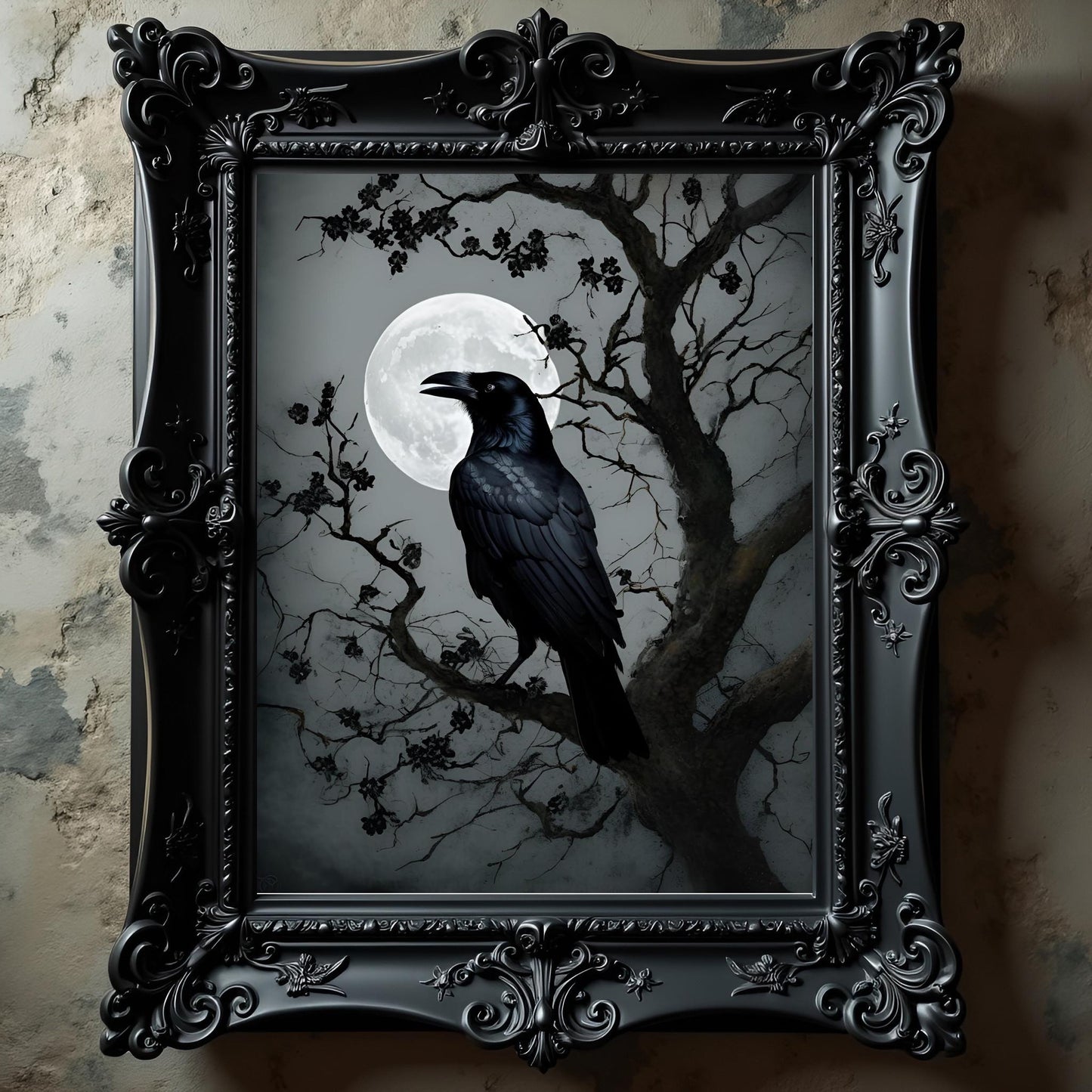 Black Crow Moon Art Print: Gothic Wall Hanging