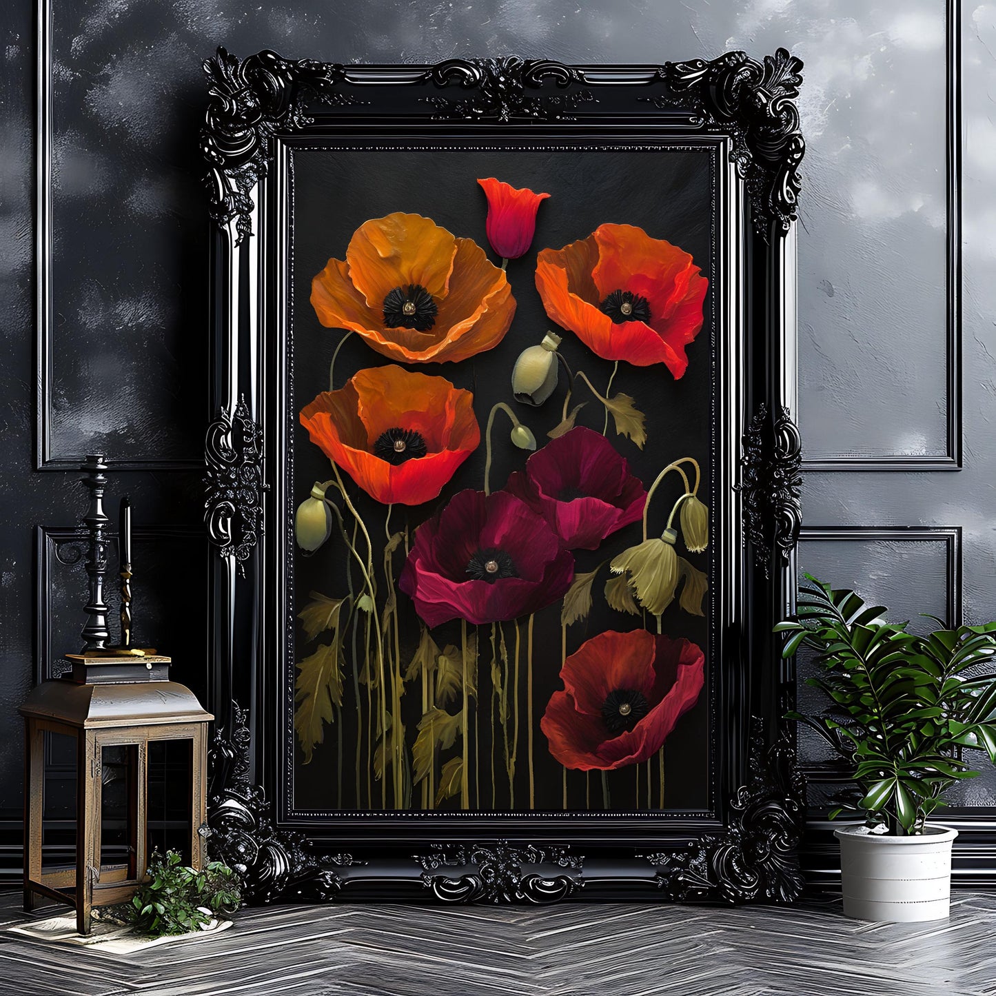 Poppy Flowers Art Print: Dark Botanical Wall Hanging