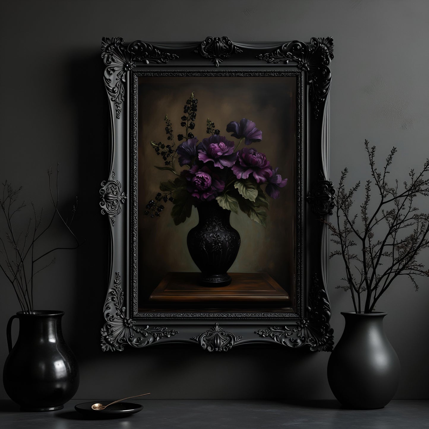 Purple Peonies Floral Print: Dark Victorian Botanical Wall Art