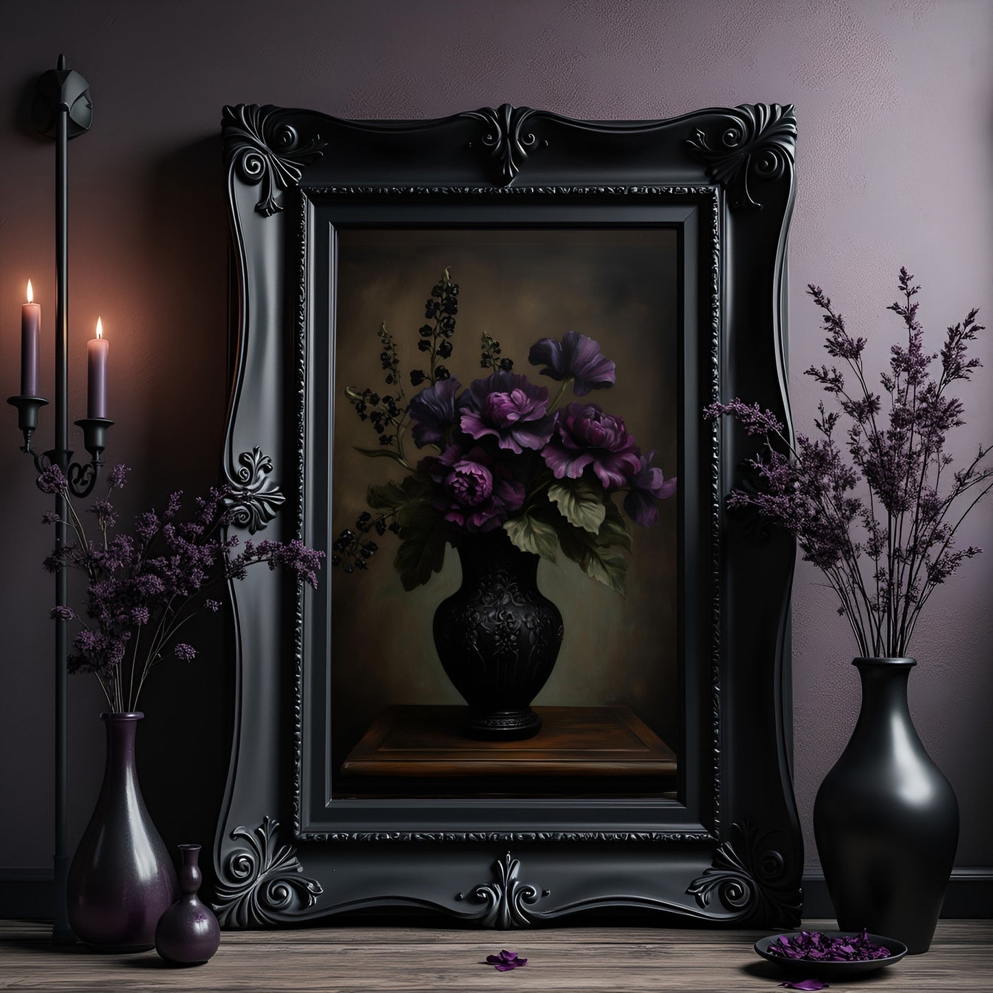 Purple Peonies Floral Print: Dark Victorian Botanical Wall Art