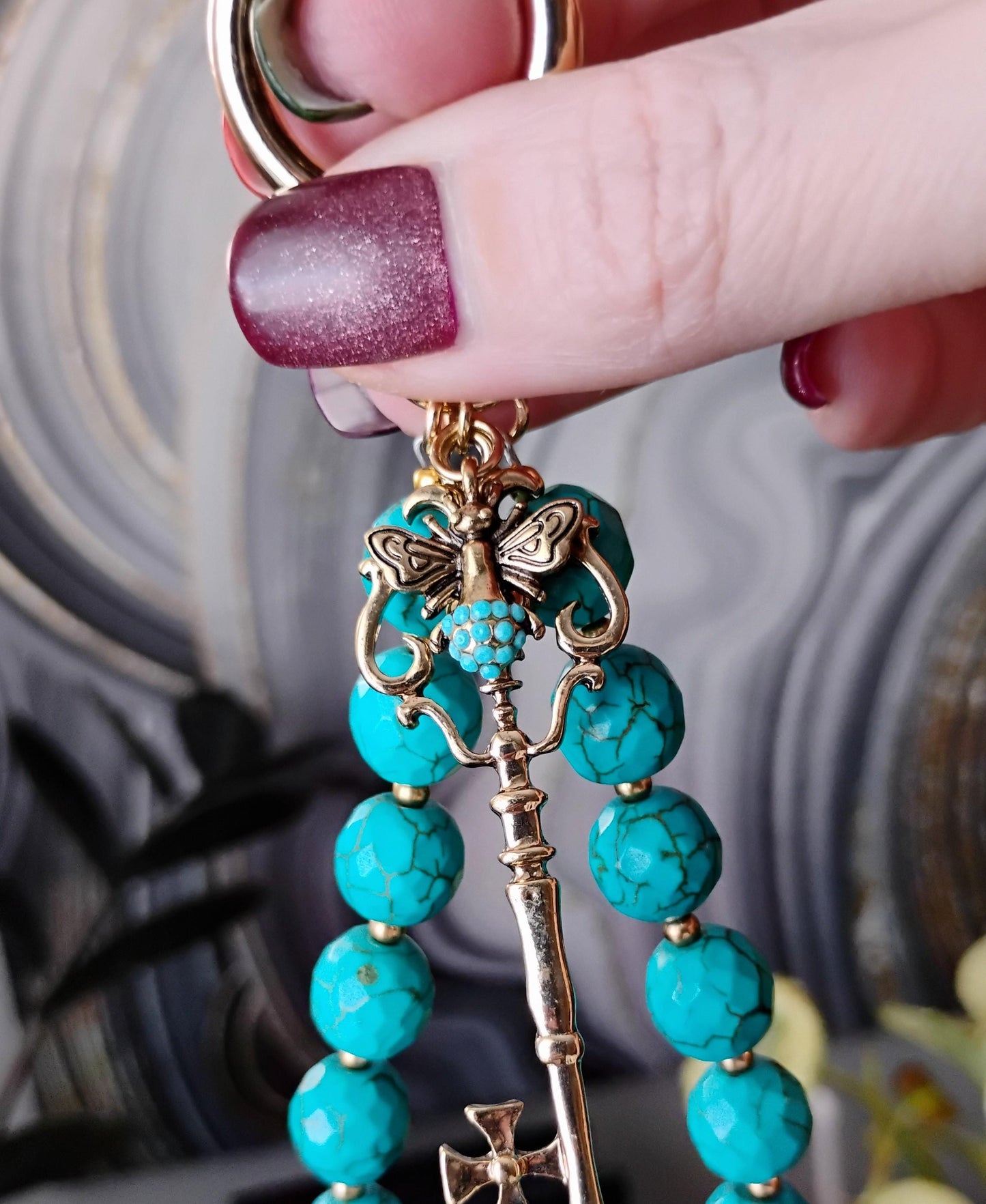 Gold Tone Bee and Key Purse Charm with Faceted Faux Turquoise Stone Beads