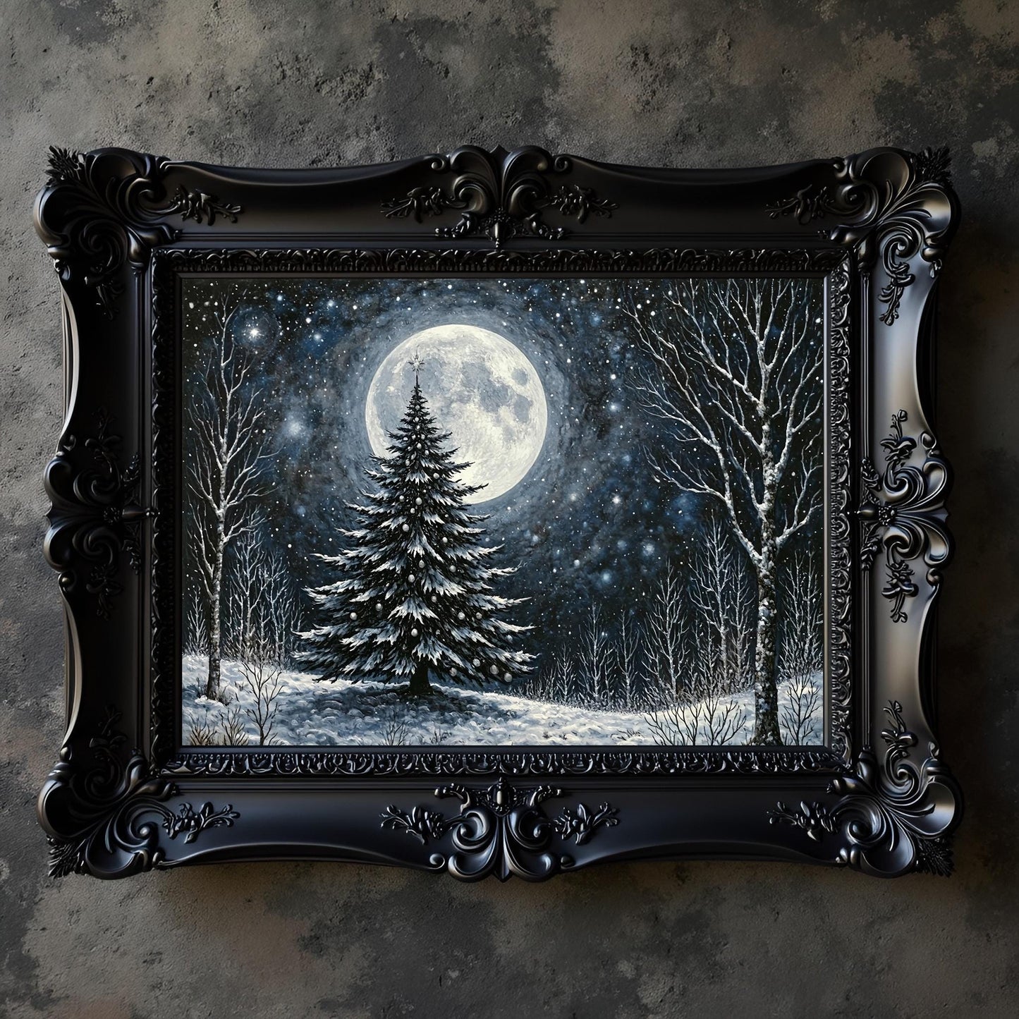 Gothic Christmas Tree Print: Yule Tree Under a Full Moon, Holiday Decor