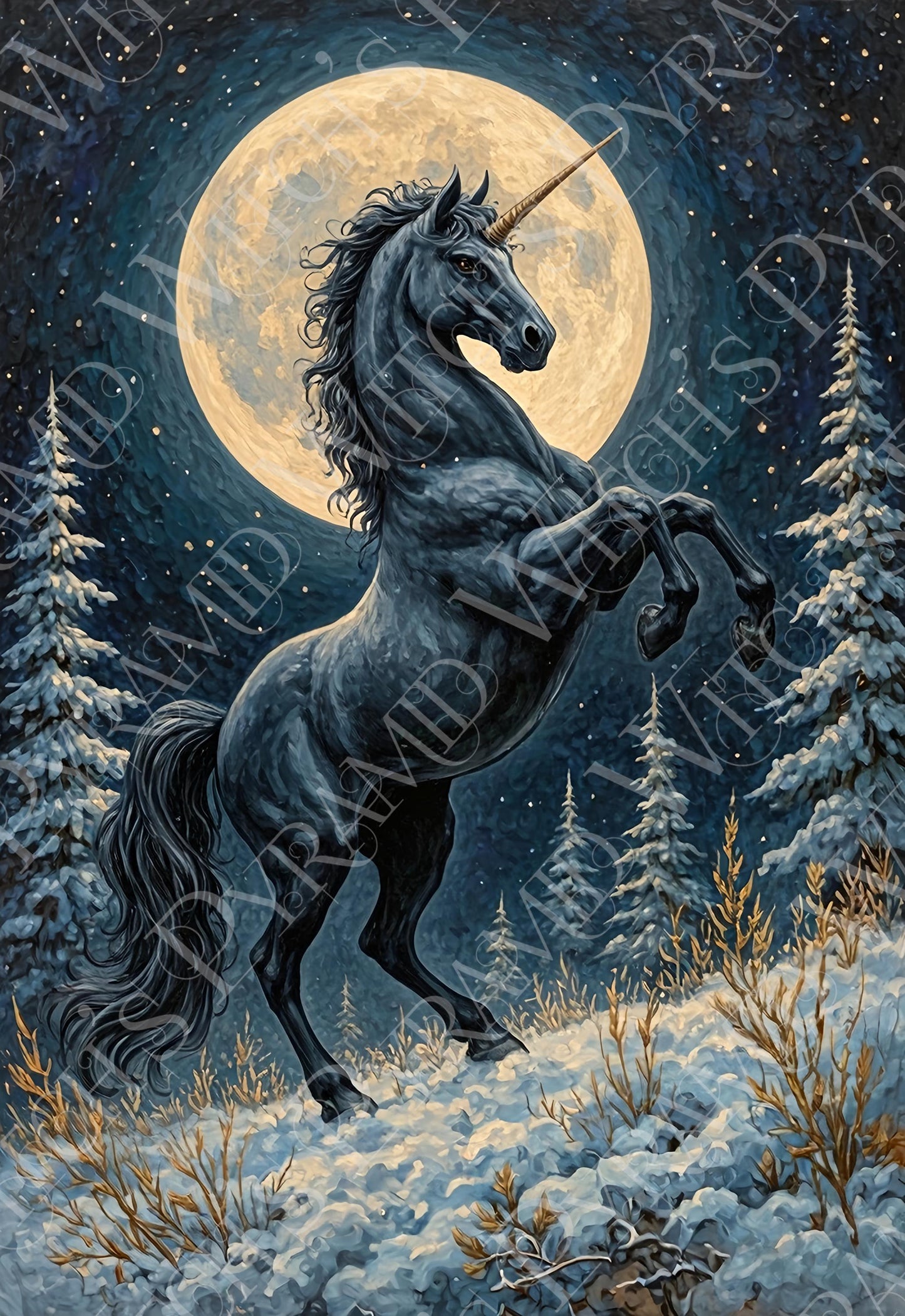 Black Unicorn on a Snowy Moonlit Mountain Art Print: Winter Decor For Unicorn Lovers