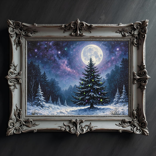 Gothic Full Moon Christmas Tree Print: Celestial Yule, Holiday Decor