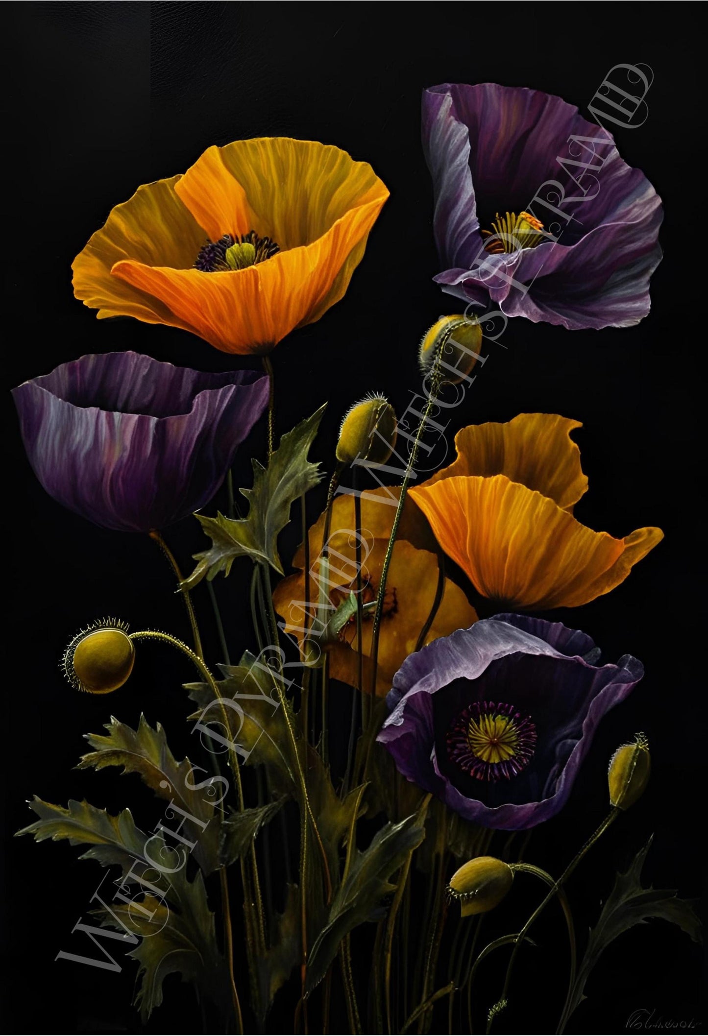 Purple & Yellow Poppy Floral Art Print: Dark Botanical Wall Hanging