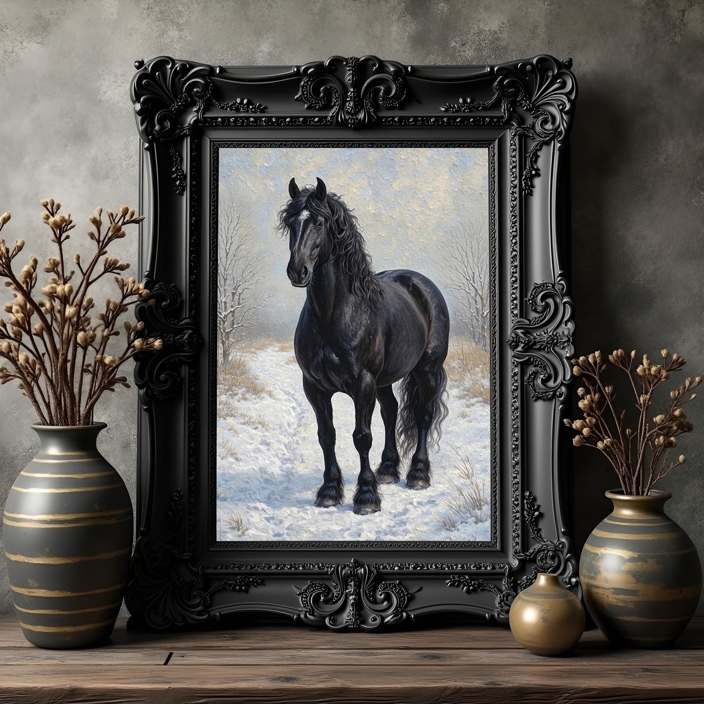 Black Horse Portrait Art Print: Winter Snow Scene For Horse Lovers