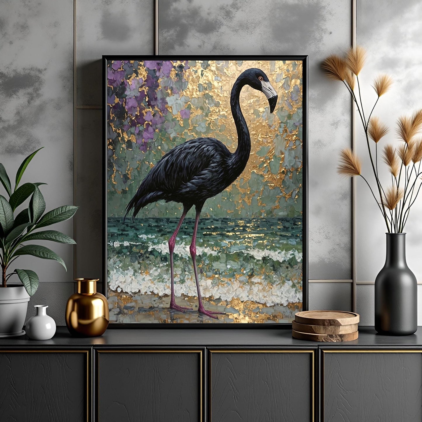 Black Flamingo Abstract Art Print: Purple, Green & Gold Tropical Decor