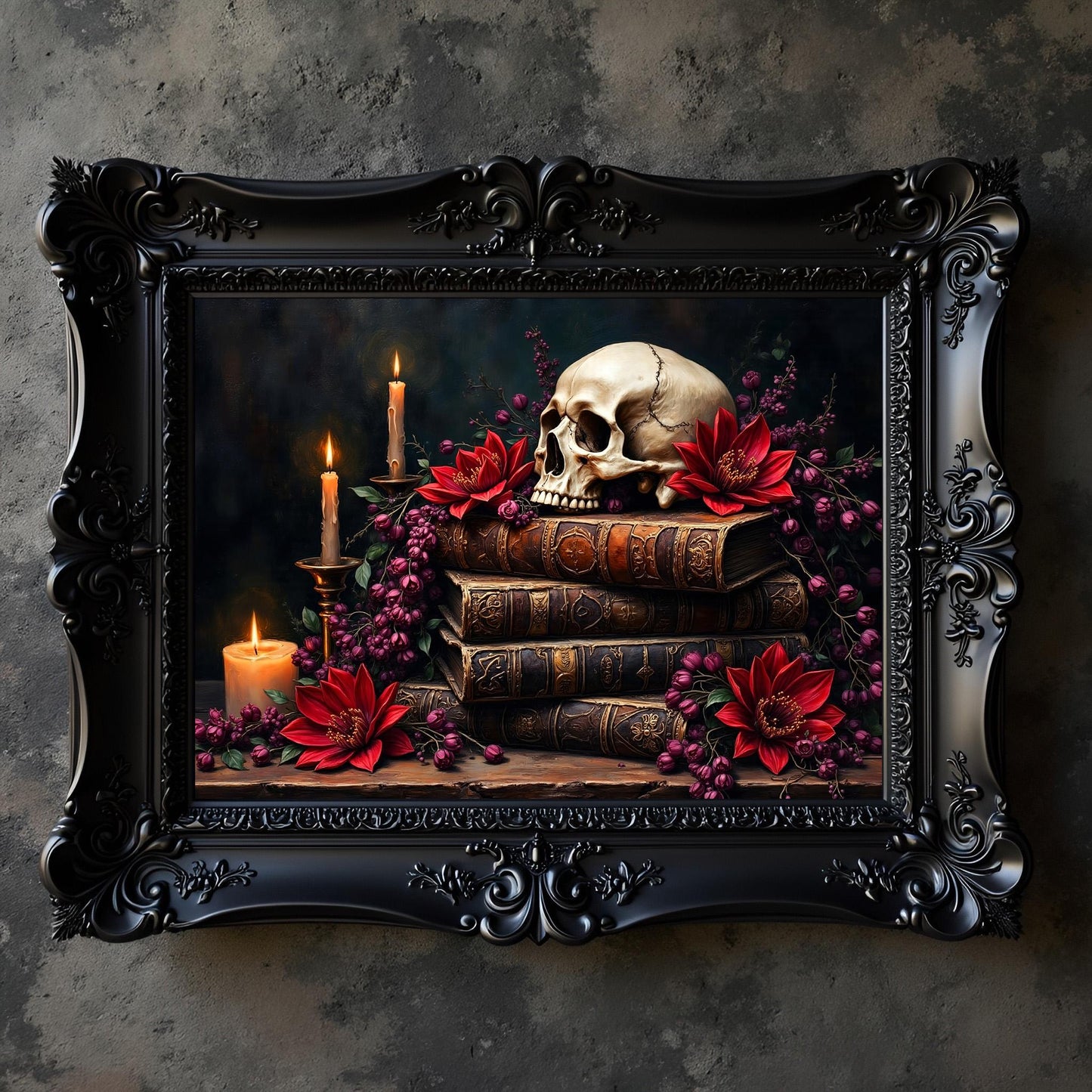 Skull on Books Art Print: Gothic Victorian Home Decor