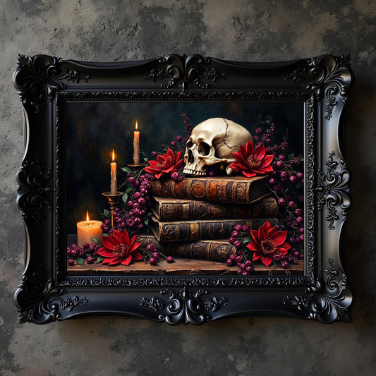 Skull on Books Art Print: Gothic Victorian Home Decor