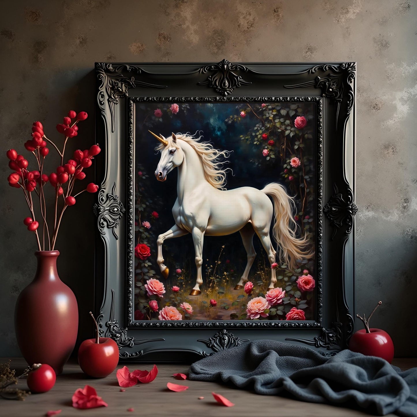 White Unicorn Floral Artwork: Victorian Fantasy Home Decor Print