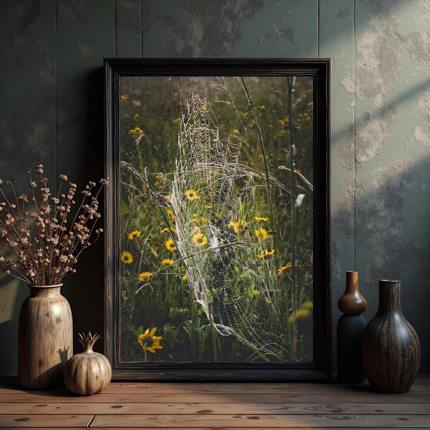 Dewy Spider Web Fine Art Print: Dark Botanical Nature Photography