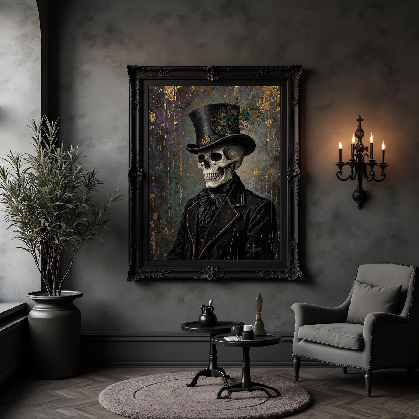 Skeleton Wearing a Top Hat Art Print: Gothic Macabre Decor